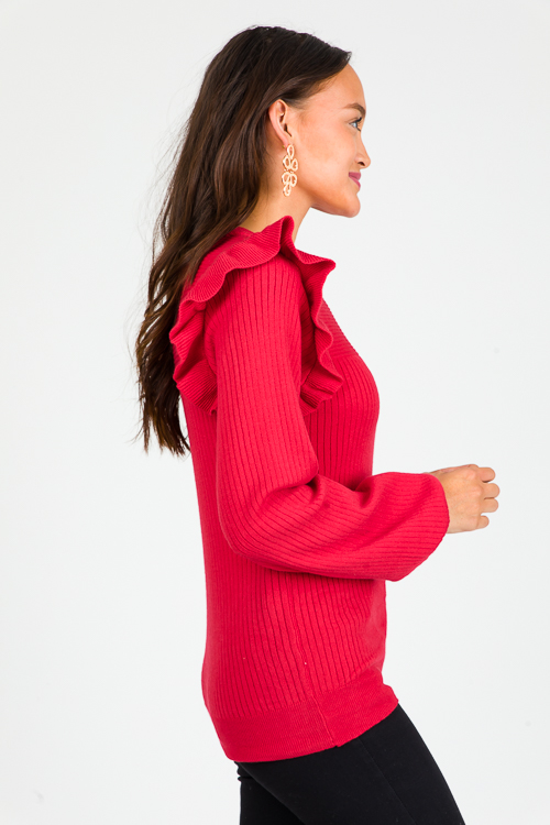 Ruffle Shoulder Rib Sweater, Red