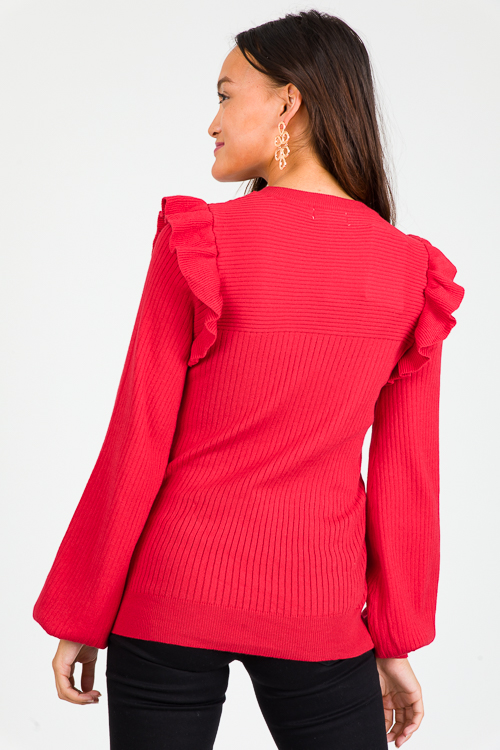 Ruffle Shoulder Rib Sweater, Red