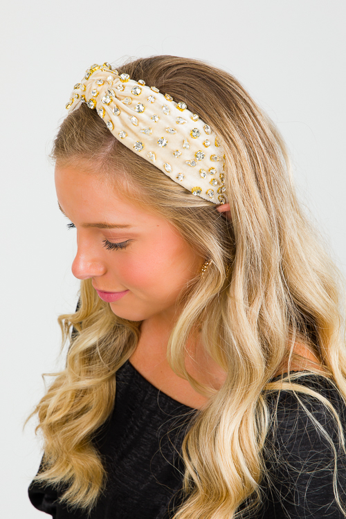 Bejeweled Velvet Headband, Beige