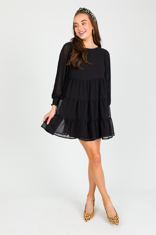 Pleat Sleeve Tier Dress, Black