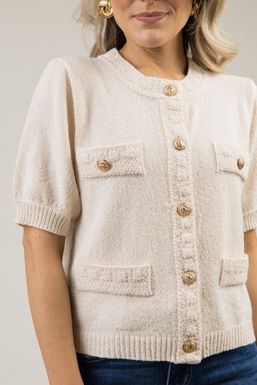 Gold Button SS Sweater, Ecru