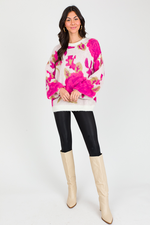 Bold Floral Sweater, Ivory/Fuchsia