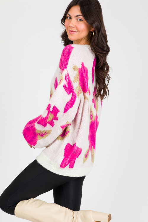 Bold Floral Sweater, Ivory/Fuchsia