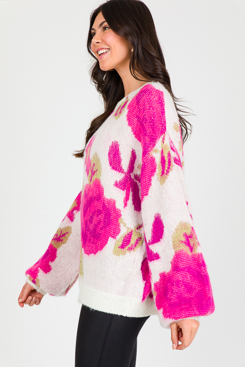 Bold Floral Sweater, Ivory/Fuchsia