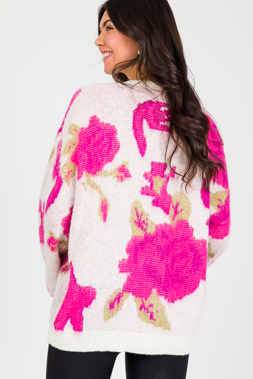 Bold Floral Sweater, Ivory/Fuchsia