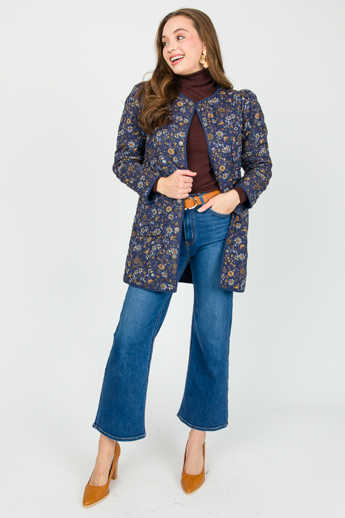 Floral Quilted Long Jacket, Navy