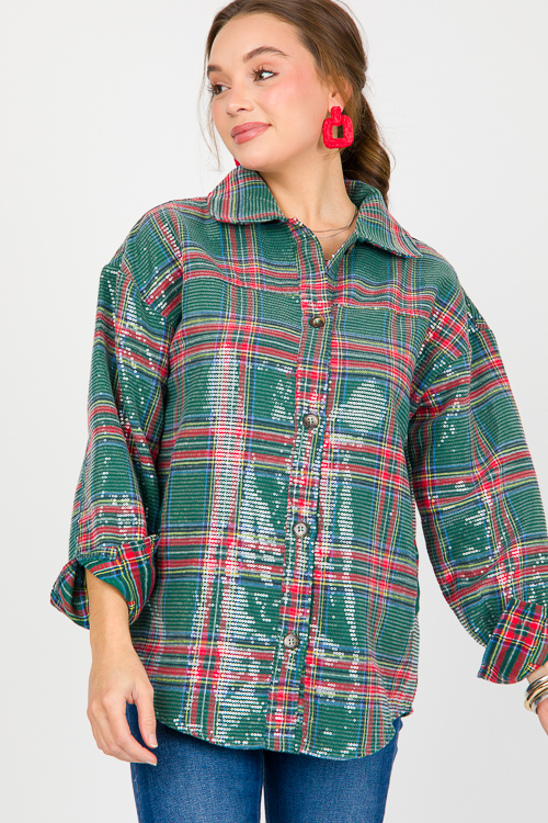 Sequin Plaid Shirt, Green