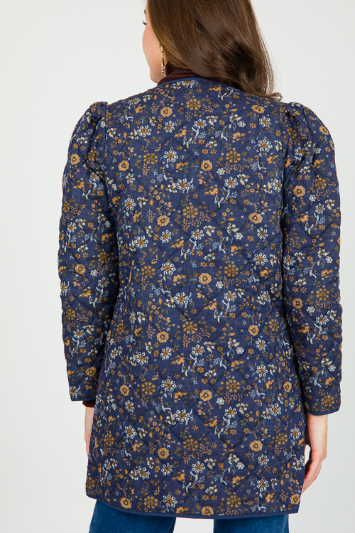 Floral Quilted Long Jacket, Navy