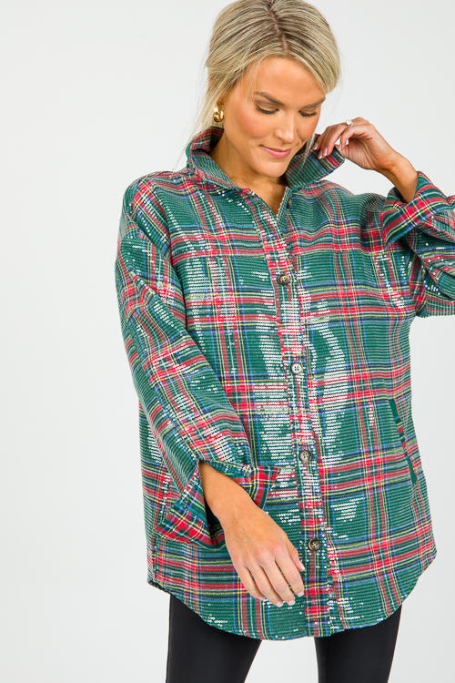 Sequin Plaid Shirt, Green