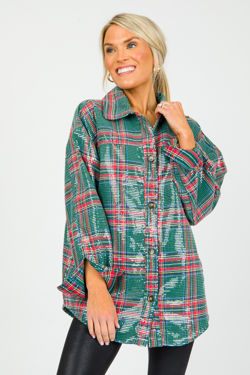 Sequin Plaid Shirt, Green