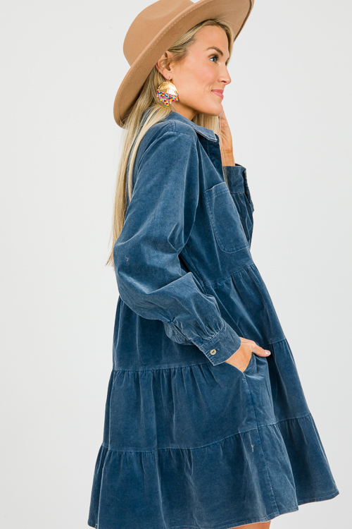 Corduroy Tiered Shirt Dress, Teal