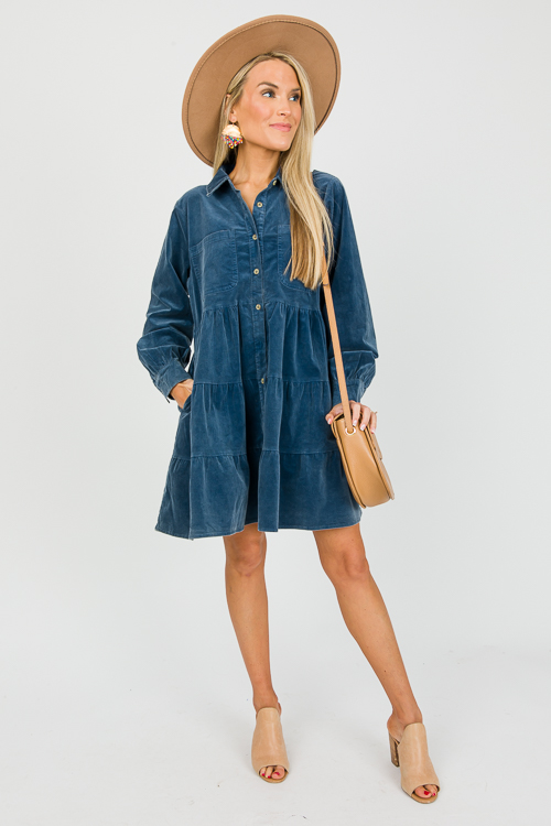 Corduroy Tiered Shirt Dress, Teal