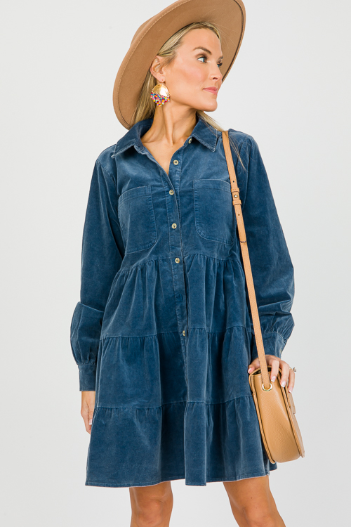 Corduroy Tiered Shirt Dress, Teal