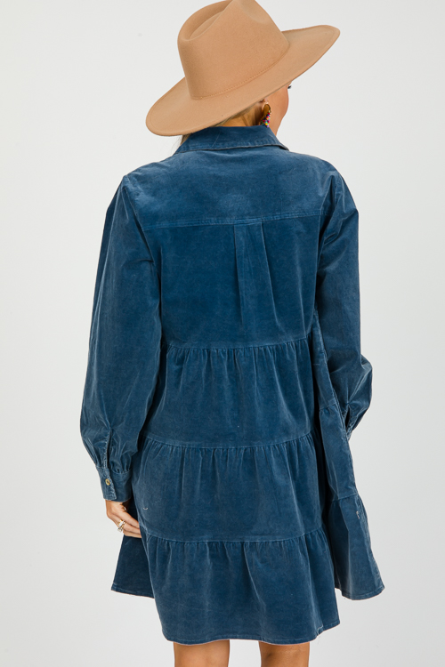 Corduroy Tiered Shirt Dress, Teal