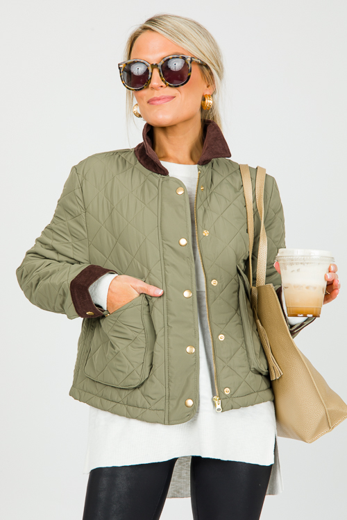 Corded Trim Quilted Jacket, Olive