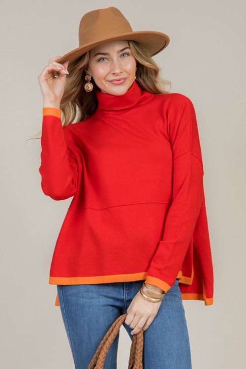 Contrast Edge Turtleneck, Red