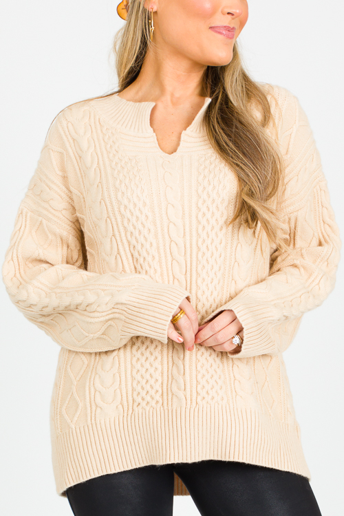 Cable Knit Sweater, Beige Sale The Blue Door Boutique