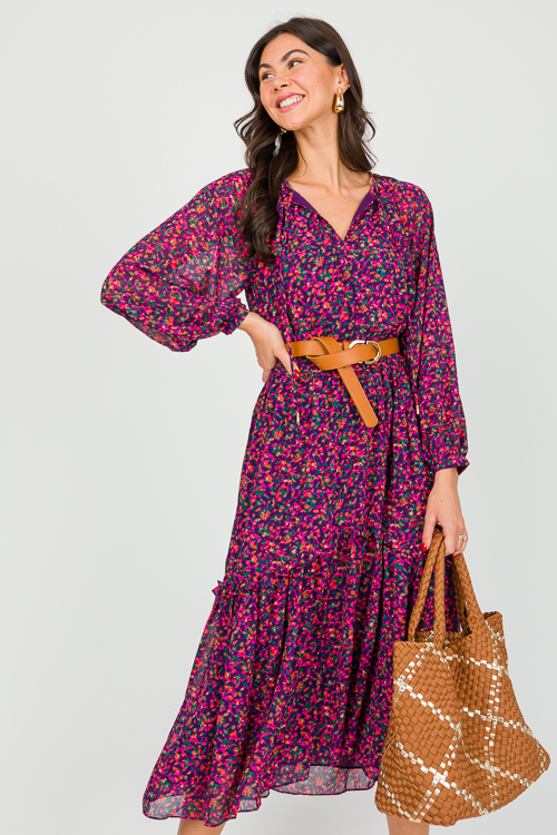 Floral Chiffon Midi, Navy Magenta
