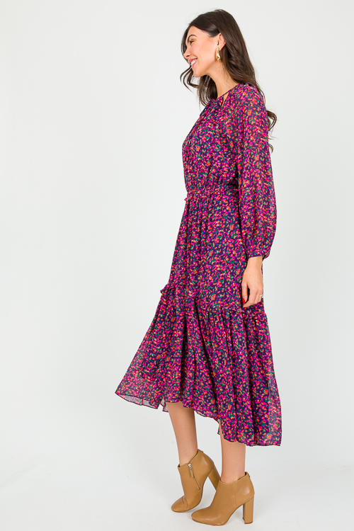 Floral Chiffon Midi, Navy Magenta