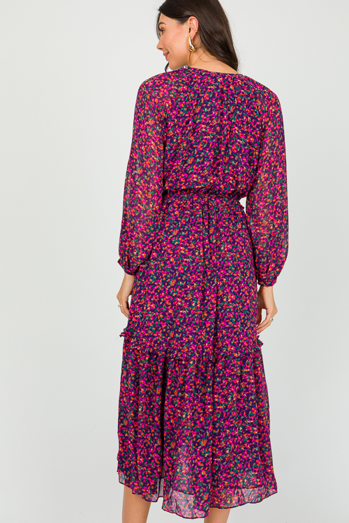 Floral Chiffon Midi, Navy Magenta