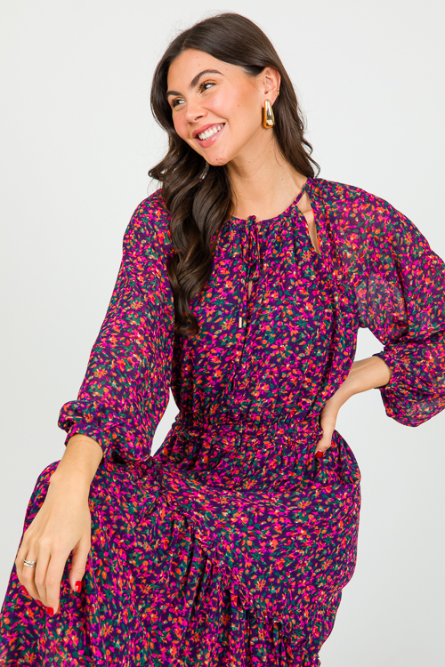 Floral Chiffon Midi, Navy Magenta