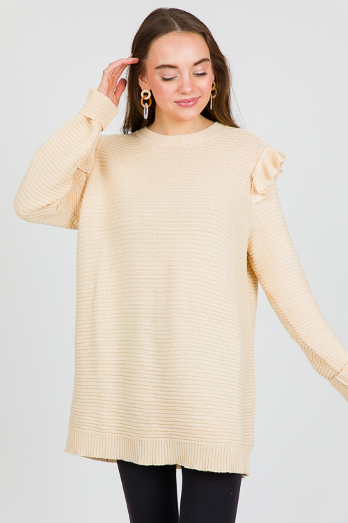 Ruffle Shoulder Tunic Sweater, Cream