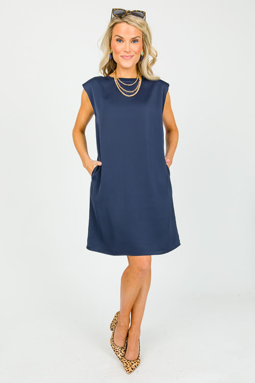 Satin Sleeveless Dress, Navy