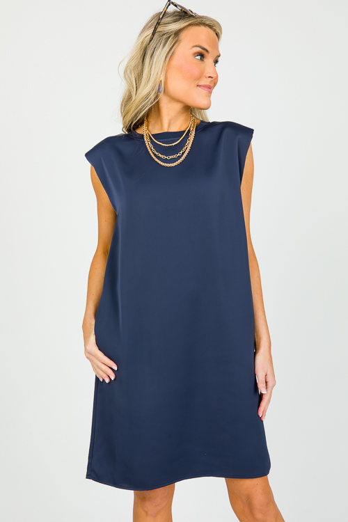 Satin Sleeveless Dress, Navy