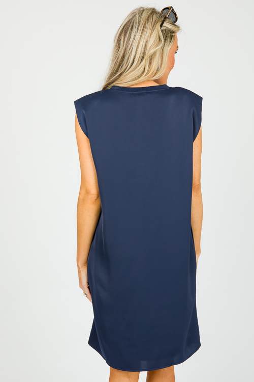 Satin Sleeveless Dress, Navy