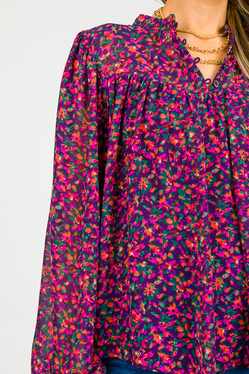 Floral Chiffon Blouse, Navy Magenta