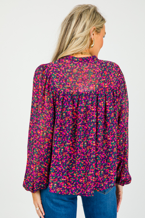 Floral Chiffon Blouse, Navy Magenta