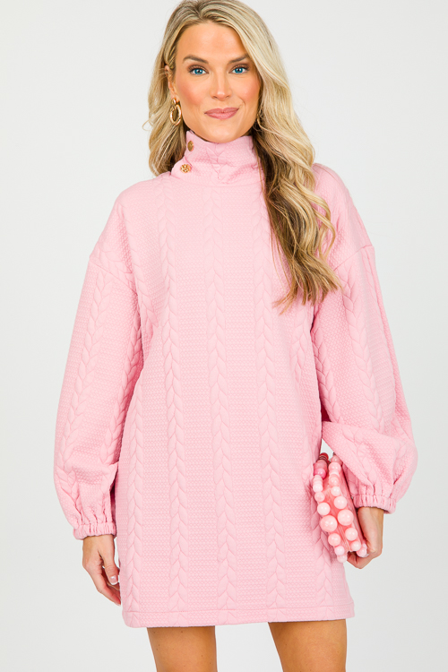 Button Neck Texture Dress, Pink