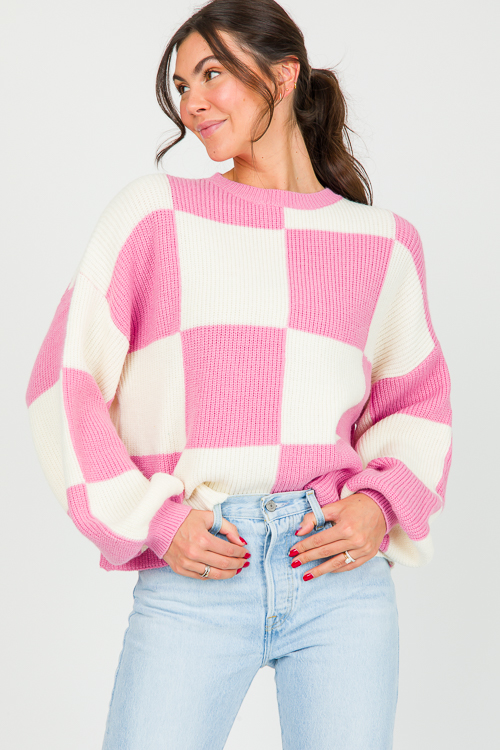 Checker Print Sweater, Cool Pink