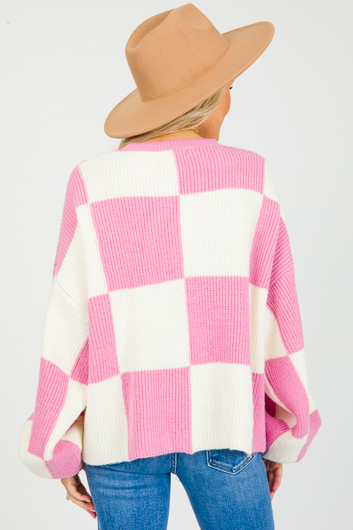 Checker Print Sweater, Cool Pink