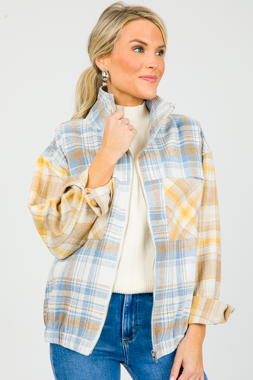 Plaid Contrast Zip Jacket, D. Blue