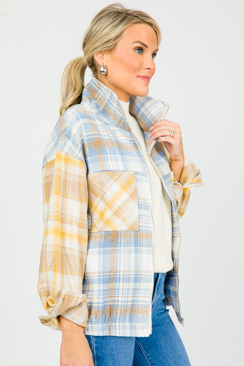 Plaid Contrast Zip Jacket, D. Blue
