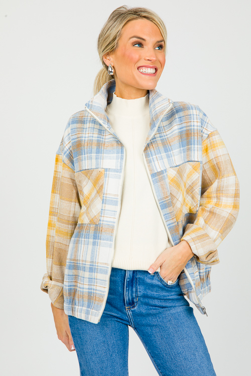 Plaid Contrast Zip Jacket, D. Blue