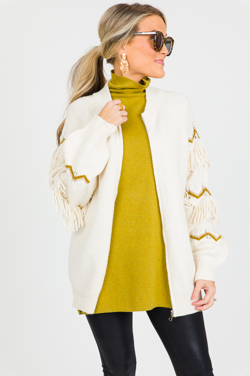 Chevy Fringe Zip Sweater, Ivory