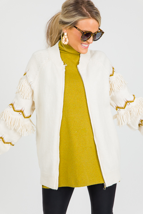 Chevy Fringe Zip Sweater, Ivory