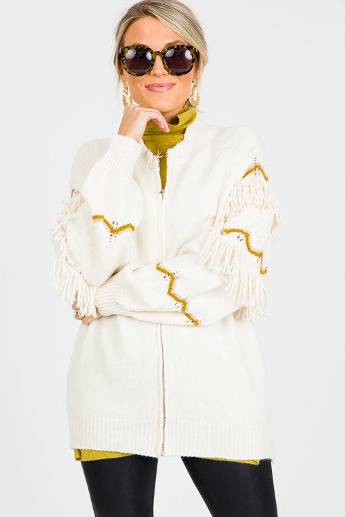 Chevy Fringe Zip Sweater, Ivory