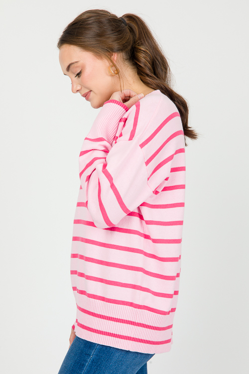 Stripe V-Neck Sweater, Pink