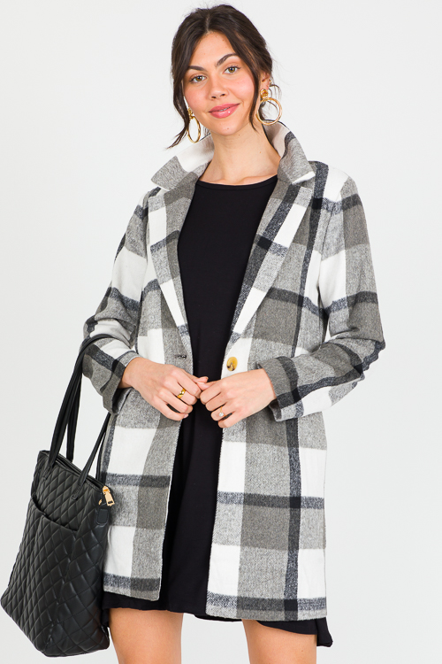 Demi Plaid Coat, Grey/Ivory