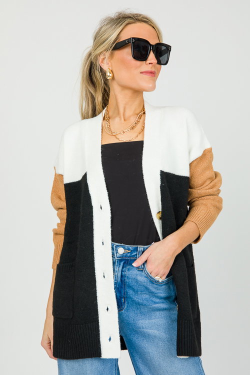 Colorblock Button Cardi, Black - Tops - The Blue Door Boutique