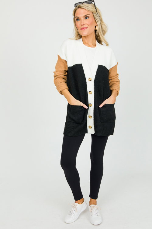Colorblock Button Cardi, Black - New Arrivals - The Blue Door Boutique