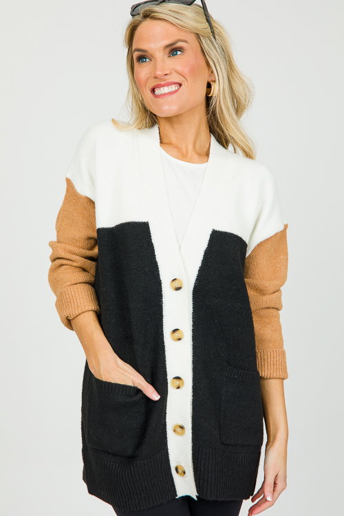 Colorblock Button Cardi, Black - New Arrivals - The Blue Door Boutique