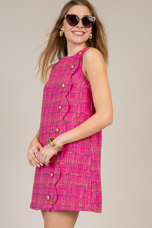 Tweed Scallop Button Dress, Hot Pink