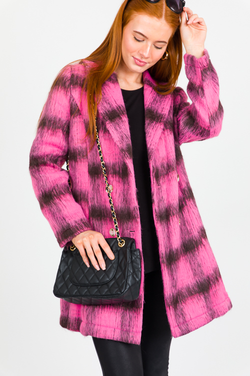 Fuzzy Plaid Coat, Hot Pink