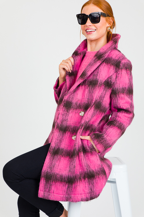 Fuzzy Plaid Coat, Hot Pink