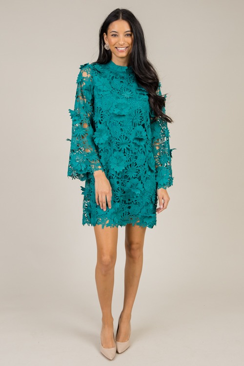 Floral Lace Dress, Teal Green