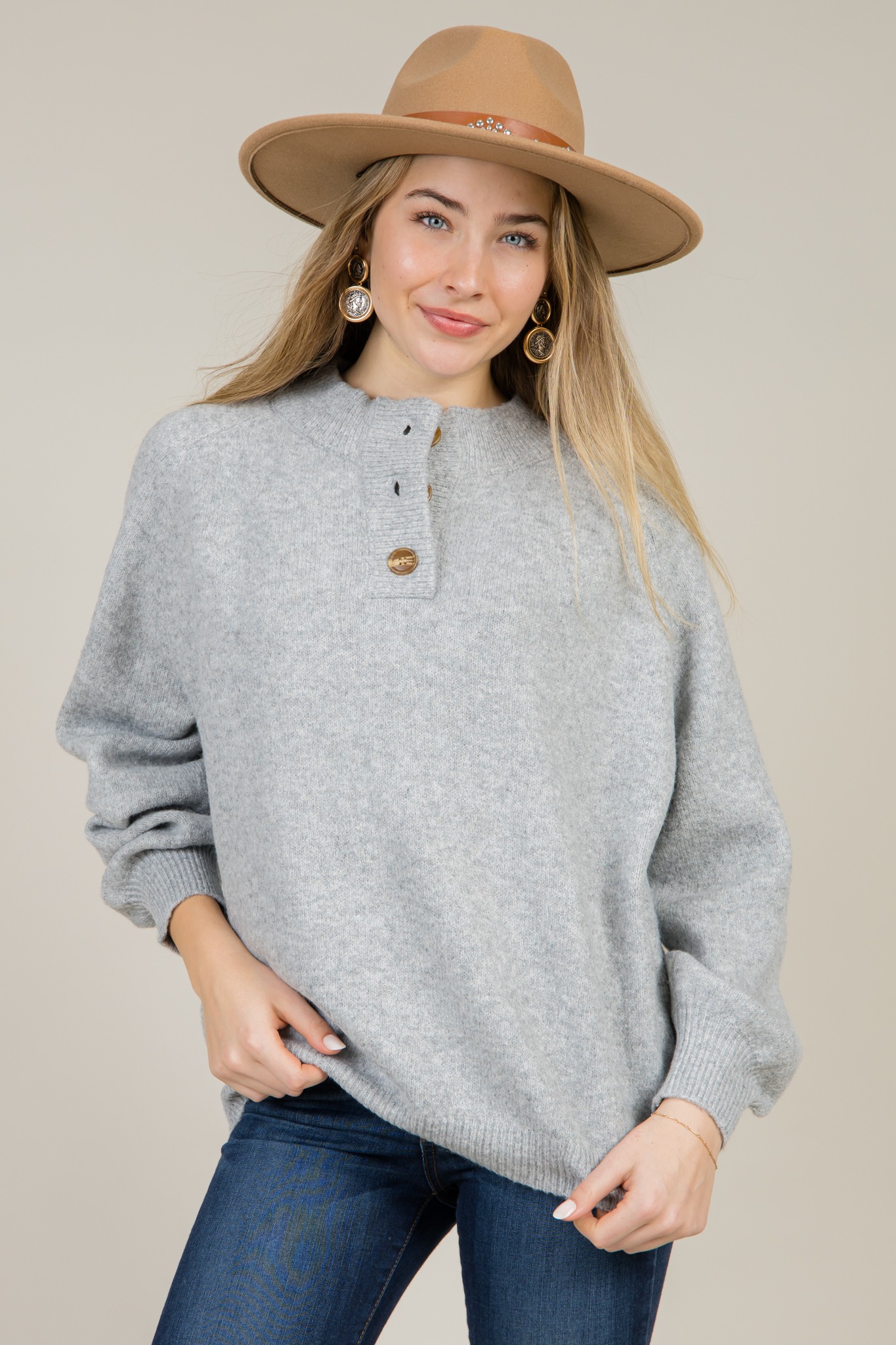 Bonnie Button Sweater, Grey